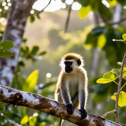 Caribbean Holidays, Saint Kitts Nature, Green vervet monkeys in a tropical forest clearing on Saint Kitts, with lush vegetation and soft morning light