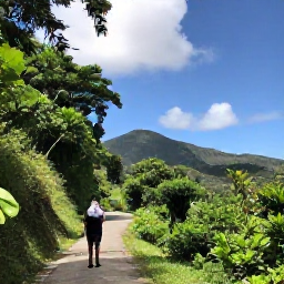 Caribbean Holidays, Saint Kitts Nature, Hiking path through tropical forest on Saint Kitts, with local guide and mountain scenery