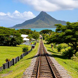 Caribbean Holidays, Saint Kitts Nature, Historic sugar plantation railway passing through green countryside on Saint Kitts, with mountains and the Caribbean Sea beyond