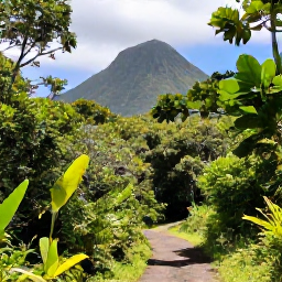 Caribbean Holidays, Saint Kitts Nature, Lush volcanic rainforest on Saint Kitts with Mount Liamuiga rising in the background, a clear walking trail and tropical foliage