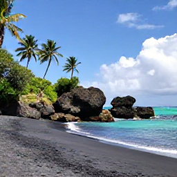 Caribbean Holidays, Saint Kitts Nature, Quiet black volcanic beach on Saint Kitts with palm trees, turquoise sea and rugged coastal rocks