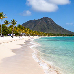Caribbean Holidays, Saint Kitts Nature, Quiet Caribbean beach on Nevis with clear turquoise water, palm trees and a gentle volcanic mountain backdrop