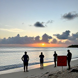 Caribbean Holidays, Saint Kitts Nature, Sea turtle conservation project on a sandy Saint Kitts beach at sunset, with volunteers and nesting signs