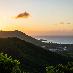 Caribbean Holidays, Saint Kitts Nature, Sunset over the green mountains and Caribbean coastline of Saint Kitts, viewed from a peaceful scenic lookout