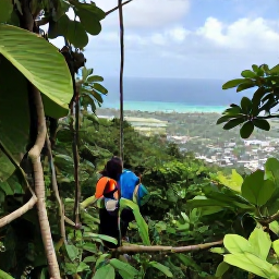 Caribbean Holidays, Saint Kitts Nature, Travellers hiking through tropical rainforest on Mount Liamuiga, Saint Kitts, with broad leaves, vines and distant coastal views