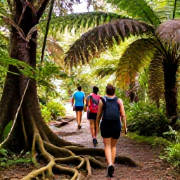 Caribbean Holidays, Saint Kitts Nature, Travellers walking through tropical rainforest on the Mount Liamuiga trail, with ferns, tree roots and filtered sunlight