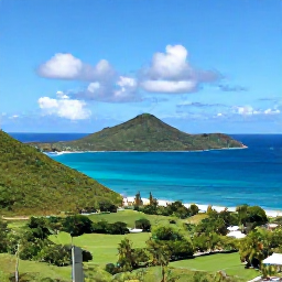 Caribbean Holidays, Saint Kitts Nature, Wide scenic view of Saint Kitts and Nevis from a coastal viewpoint in June, with lush hills, blue sea and a sailing boat