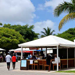 Caribbean Holidays, Saint Kitts September, A friendly outdoor caf&eacute; and local market scene in Basseterre, Saint Kitts, with tropical vegetation and visitors enjoying a relaxed September day