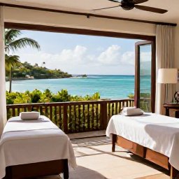 Caribbean Holidays, Saint Kitts Spa Breaks, A peaceful luxury spa overlooking a turquoise Caribbean bay on Saint Kitts, with treatment rooms, tropical greenery and gentle morning sunlight