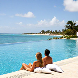 Caribbean Holidays, Saint Kitts Spa Breaks, Couple relaxing beside an infinity pool with views across the Caribbean from a Saint Kitts resort