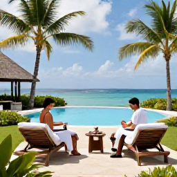 Caribbean Holidays, Saint Kitts Spa Breaks, Couple relaxing in a stylish spa garden in Saint Kitts after a treatment, with palms, loungers and views towards the Caribbean Sea