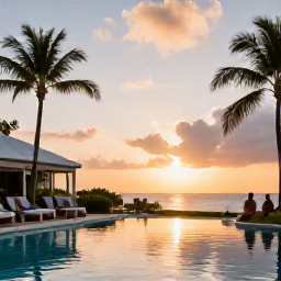 Caribbean Holidays, Saint Kitts Spa Breaks, Elegant Caribbean resort spa at sunset on Saint Kitts, with a calm pool, palm trees and guests relaxing outdoors