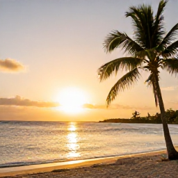Caribbean Holidays, Saint Kitts Spa Breaks, Golden sunset over a tranquil Saint Kitts beach with palm trees, warm sand and a distant view of Nevis