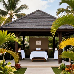 Caribbean Holidays, Saint Kitts Spa Breaks, Open-air spa treatment pavilion surrounded by palms and tropical plants on a Caribbean resort in Saint Kitts