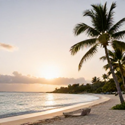Caribbean Holidays, Saint Kitts Spa Breaks, Quiet Caribbean beach on Saint Kitts at dawn, with soft light, palm trees and a peaceful luxury holiday atmosphere
