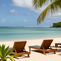 Caribbean Holidays, Saint Kitts Spa Breaks, Quiet golden beach on Nevis with a spa-style relaxation area, wooden loungers, tropical plants and calm turquoise water