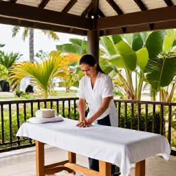 Caribbean Holidays, Saint Kitts Spa Breaks, Spa therapist preparing a treatment in a stylish open-air pavilion surrounded by tropical greenery on Saint Kitts