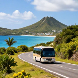 Caribbean Holidays, Saint Kitts Tours, A comfortable sightseeing bus travelling along a winding coastal road on Saint Kitts, with tropical hills and the Caribbean Sea in view