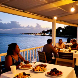 Caribbean Holidays, Saint Kitts Tours, A relaxed evening scene at a Caribbean waterfront restaurant in Basseterre, with local food, warm lighting and views across the sea