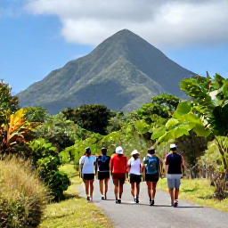 Caribbean Holidays, Saint Kitts Walking, A friendly walking holiday group relaxing beside a trail in Saint Kitts, with tropical scenery and Caribbean mountains behind them