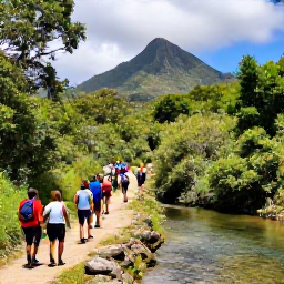 Caribbean Holidays, Saint Kitts Walking, A guided group of walkers exploring rainforest beside a clear stream on the slopes of Mount Liamuiga, Saint Kitts