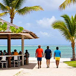 Caribbean Holidays, Saint Kitts Walking, Friendly walkers relaxing at a small beach caf&eacute; after a day exploring Saint Kitts, with tropical scenery and the Caribbean Sea behind them