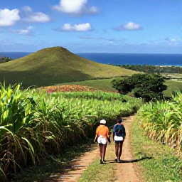Caribbean Holidays, Saint Kitts Walking, Hikers following a historic trail through green hills and former sugar cane fields on Saint Kitts, with distant ocean views