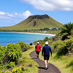Caribbean Holidays, Saint Kitts Walking, Hikers walking along a lush coastal trail on Saint Kitts with volcanic hills and the Caribbean Sea in the background