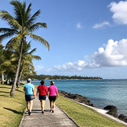 Caribbean Holidays, Saint Kitts Walking, Travellers walking along a quiet coastal path near Basseterre, with palm trees, blue water and Nevis visible in the distance