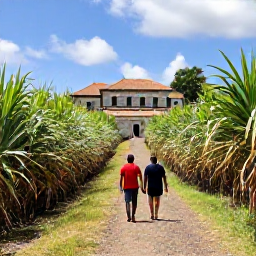 Caribbean Holidays, Saint Kitts Walking, Walkers following a historic trail through sugar cane fields towards an old stone plantation estate on Saint Kitts