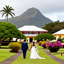 Caribbean Holidays, Saint Kitts Weddings, A bride and groom walking through a historic sugar plantation estate in Nevis, surrounded by tropical gardens and mountain scenery