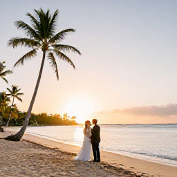 Caribbean Holidays, Saint Kitts Weddings, A newlywed couple standing on a quiet golden beach in Saint Kitts at sunset, with palm trees and the Caribbean Sea