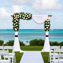 Caribbean Holidays, Saint Kitts Weddings, An elegant outdoor wedding ceremony at a Saint Kitts resort, decorated with simple white flowers and overlooking the sea