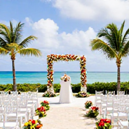 Caribbean Holidays, Saint Kitts Weddings, Elegant outdoor wedding ceremony at a Caribbean resort in Saint Kitts, with white chairs, tropical flowers and ocean views