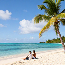 Caribbean Holidays, Saint Kitts Weddings, Newly married couple relaxing on a peaceful Saint Kitts beach with turquoise water and palm trees