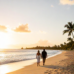 Caribbean Holidays, Saint Kitts Weddings, Newlyweds walking along a quiet golden beach on Saint Kitts at sunset, with Nevis visible across the water