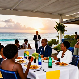 Caribbean Holidays, Saint Kitts Weddings, Wedding guests enjoying a relaxed Caribbean reception with local food, music and sunset views in Saint Kitts