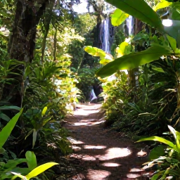 Caribbean Holidays, Saint Kitts Wellness, A lush rainforest trail on Saint Kitts with a small waterfall, tropical plants and dappled sunlight