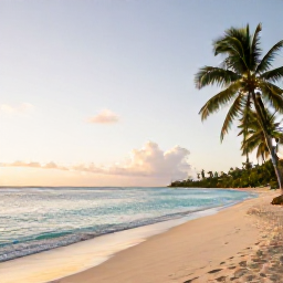 Caribbean Holidays, Saint Kitts Wellness, A peaceful Caribbean beach on Saint Kitts at sunrise, with calm turquoise water, soft sand and a few palm trees