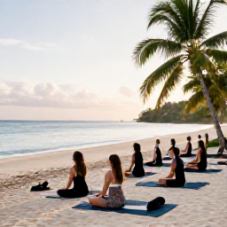 Caribbean Holidays, Saint Kitts Wellness, An outdoor yoga session beside a tranquil Caribbean beach on Saint Kitts, with mats, tropical greenery and morning light