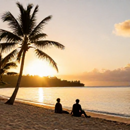 Caribbean Holidays, Saint Kitts Wellness, Golden sunset over a quiet Saint Kitts beach, with calm Caribbean water, silhouettes of palm trees and two people sitting peacefully by the shore