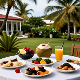 Caribbean Holidays, Saint Kitts Wellness, Healthy Caribbean breakfast beside a tropical garden in Saint Kitts, featuring fresh fruit, coconut, herbs, juice and light local dishes