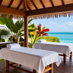 Caribbean Holidays, Saint Kitts Wellness, Open-air spa setting at a Saint Kitts resort, with treatment beds, tropical plants, natural wood and a view of the Caribbean Sea