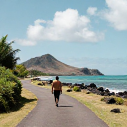 Caribbean Holidays, Saint Kitts Wellness, Outdoor wellness scene on Saint Kitts, person walking along a quiet coastal path with volcanic hills and Caribbean sea in the background
