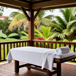 Caribbean Holidays, Saint Kitts Wellness, Peaceful Caribbean spa setting in Saint Kitts, open-air treatment room surrounded by tropical greenery, natural wood and soft daylight