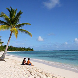 Caribbean Holidays, Saint Kitts Wellness, Quiet tropical beach on Saint Kitts with calm turquoise water, soft sand, palm trees and a relaxed couple enjoying the peaceful scenery