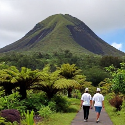 Caribbean Holidays, Saint Kitts Wellness, Scenic walking trail on Mount Liamuiga in Saint Kitts, with lush rainforest, volcanic slopes, ferns and a couple walking in light outdoor clothing