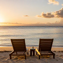 Caribbean Holidays, Saint Kitts Wellness, Sunset wellness moment on Saint Kitts beach, two comfortable loungers facing calm sea, warm golden light and peaceful tropical horizon