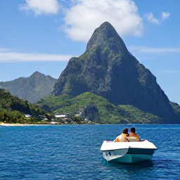 Caribbean Holidays, Saint Lucia Adults Only, Couple enjoying a boat trip beside the Pitons in Saint Lucia, bright blue sea and green volcanic mountains