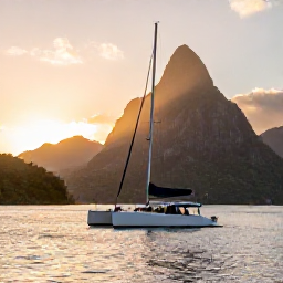 Caribbean Holidays, Saint Lucia Adults Only, Couple enjoying a sunset catamaran cruise along the Saint Lucia coast, with the Pitons, calm water and warm evening light